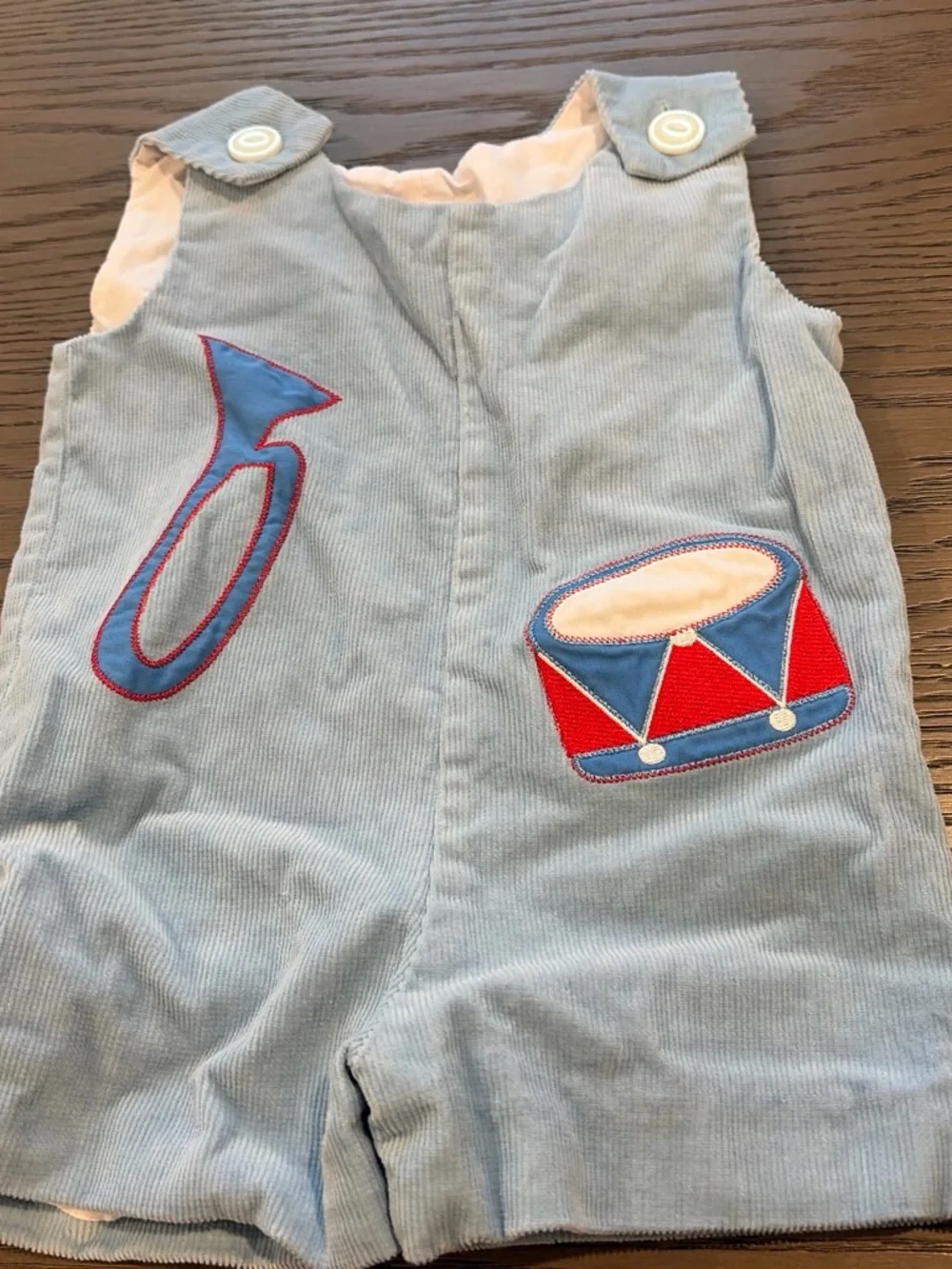 The beaufort bonnet company Light Blue Corduroy Baby Romper with Drum and Horn